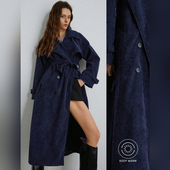 Jackets & Blazers - Classic Style Casual Business Navy Blue Long Trench Coat For Women, Loose Fit La